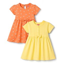 Babyhug Single Jersey Knit Half Sleeves Floral Printed Frocks With Bow Applique Pack Of 2 - Orange & Yellow