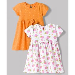 Babyhug Single Jersey Knit Half Sleeves Polka Dots & Strawberry Printed Frocks With Bow Applique Pack Of 2 - Orange & White