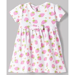 Babyhug Single Jersey Knit Half Sleeves Polka Dots & Strawberry Printed Frocks With Bow Applique Pack Of 2 - Orange & White