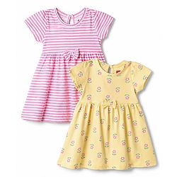 Babyhug Single Jersey Knit Half Sleeves Striped & Floral Printed Frocks With Bow Applique Pack Of 2 - Pink & Yellow