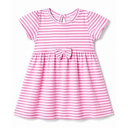 Babyhug Single Jersey Knit Half Sleeves Striped & Floral Printed Frocks With Bow Applique Pack Of 2 - Pink & Yellow