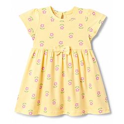 Babyhug Single Jersey Knit Half Sleeves Striped & Floral Printed Frocks With Bow Applique Pack Of 2 - Pink & Yellow