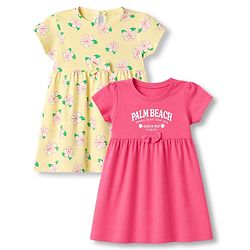 Babyhug Single Jersey Knit Half Sleeves Floral & Text Printed Frocks With Bow Applique Pack Of 2 - Yellow & Dark Pink