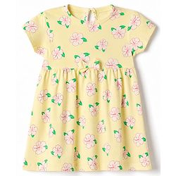Babyhug Single Jersey Knit Half Sleeves Floral & Text Printed Frocks With Bow Applique Pack Of 2 - Yellow & Dark Pink