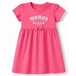 Babyhug Single Jersey Knit Half Sleeves Floral & Text Printed Frocks With Bow Applique Pack Of 2 - Yellow & Dark Pink