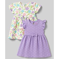 Babyhug Cotton Single Jersey Knit Half Sleeves Floral & Polka Dot Printed Frocks with Bow Applique Pack of 2 - White & Purple