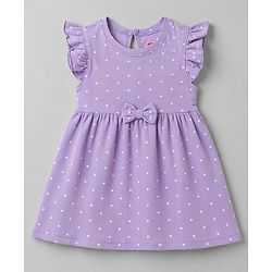 Babyhug Cotton Single Jersey Knit Half Sleeves Floral & Polka Dot Printed Frocks with Bow Applique Pack of 2 - White & Purple