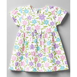 Babyhug Cotton Single Jersey Knit Half Sleeves Floral & Polka Dot Printed Frocks with Bow Applique Pack of 2 - White & Purple