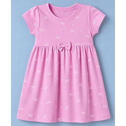 Babyhug Single Jersey Knit Half Sleeves Polka Dots & Bears Printed Frocks With Bow Applique Pack Of 2 - Pink & White