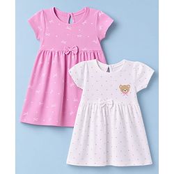 Babyhug Single Jersey Knit Half Sleeves Polka Dots & Bears Printed Frocks With Bow Applique Pack Of 2 - Pink & White