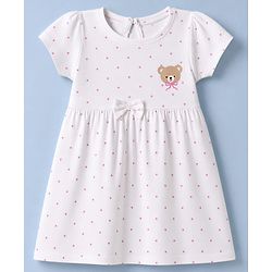 Babyhug Single Jersey Knit Half Sleeves Polka Dots & Bears Printed Frocks With Bow Applique Pack Of 2 - Pink & White