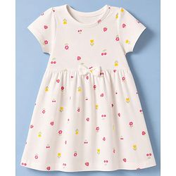 Babyhug Single Jersey Knit Half Sleeves Tropical Theme & Floral Printed Frocks With Bow Applique Pack Of 2 - White & Dark Pink