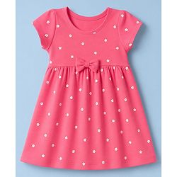Babyhug Single Jersey Knit Half Sleeves Tropical Theme & Floral Printed Frocks With Bow Applique Pack Of 2 - White & Dark Pink