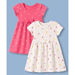 Babyhug Single Jersey Knit Half Sleeves Tropical Theme & Floral Printed Frocks With Bow Applique Pack Of 2 - White & Dark Pink