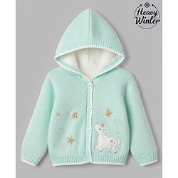Babyhug Knit Full Sleeves Front Open Hooded Sweater with Unicorn Patch in Turquoise