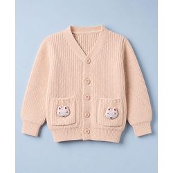 Babyhug Knit Front Open Sweater with Full Sleeves and Fox Applique in Peach