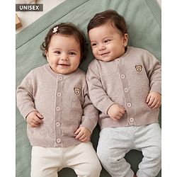 Babyhug Cotton Knit Front Open Sweater with Full Sleeves and Bear Embroidery in Beige