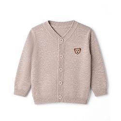 Babyhug Cotton Knit Front Open Sweater with Full Sleeves and Bear Embroidery in Beige
