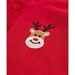 Babyhug Fur- Lined Knit Full Sleeves Hooded Sweater with Rain Deer Embroidery - Red