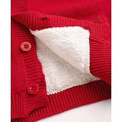 Babyhug Fur- Lined Knit Full Sleeves Hooded Sweater with Rain Deer Embroidery - Red
