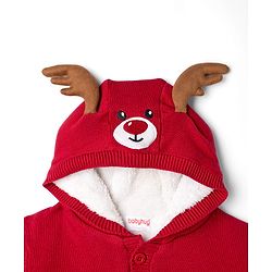 Babyhug Fur- Lined Knit Full Sleeves Hooded Sweater with Rain Deer Embroidery - Red