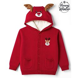Babyhug Fur- Lined Knit Full Sleeves Hooded Sweater with Rain Deer Embroidery - Red
