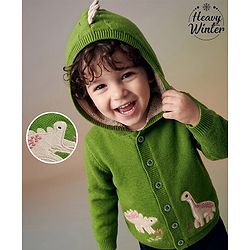 Babyhug Fur- Lined Knit Full Sleeves Dino Embroidered Hooded Sweater - Green