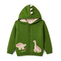 Babyhug Fur- Lined Knit Full Sleeves Dino Embroidered Hooded Sweater - Green