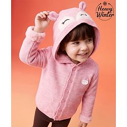 Babyhug Fur- Lined Knit Full Sleeves Hooded Sweater With Fox Applique - Pink