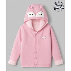 Babyhug Fur- Lined Knit Full Sleeves Hooded Sweater With Fox Applique - Pink