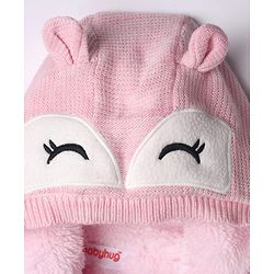 Babyhug Fur- Lined Knit Full Sleeves Hooded Sweater With Fox Applique - Pink