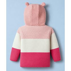 Babyhug Fur- Lined Knit Full Sleeves Front Open Hooded Colour Block Sweater with Animals Face Applique - Pink