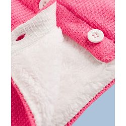 Babyhug Fur- Lined Knit Full Sleeves Front Open Hooded Colour Block Sweater with Animals Face Applique - Pink