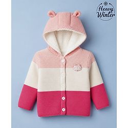 Babyhug Fur- Lined Knit Full Sleeves Front Open Hooded Colour Block Sweater with Animals Face Applique - Pink