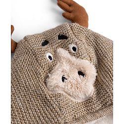Babyhug Fur- Lined Knit Full Sleeves Front Open Hooded Solid Colour Sweater with Reindeer Face Applique - Tan