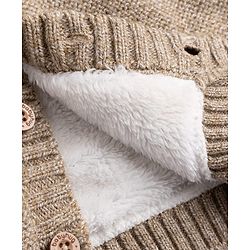 Babyhug Fur- Lined Knit Full Sleeves Front Open Hooded Solid Colour Sweater with Reindeer Face Applique - Tan