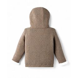 Babyhug Fur- Lined Knit Full Sleeves Front Open Hooded Solid Colour Sweater with Reindeer Face Applique - Tan