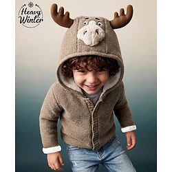 Babyhug Fur- Lined Knit Full Sleeves Front Open Hooded Solid Colour Sweater with Reindeer Face Applique - Tan