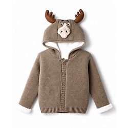 Babyhug Fur- Lined Knit Full Sleeves Front Open Hooded Solid Colour Sweater with Reindeer Face Applique - Tan