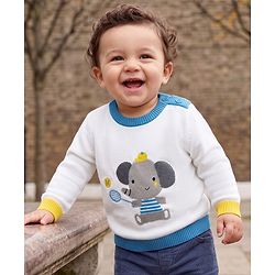 Babyhug 100% Cotton Knit Full Sleeves Pullover with Elephant Design - White & Blue