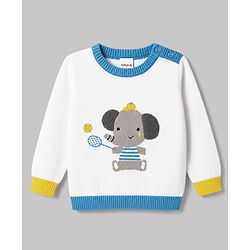 Babyhug 100% Cotton Knit Full Sleeves Pullover with Elephant Design - White & Blue