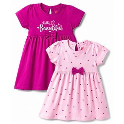 Babyhug Single Jersey Knit Half Sleeves Hearts & Text Printed Frocks With Bow Applique - Pink & Purple