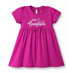 Babyhug Single Jersey Knit Half Sleeves Hearts & Text Printed Frocks With Bow Applique - Pink & Purple