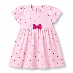 Babyhug Single Jersey Knit Half Sleeves Hearts & Text Printed Frocks With Bow Applique - Pink & Purple