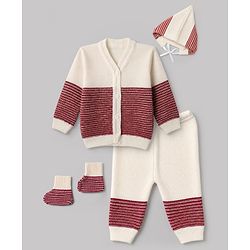Babyhug Knit Full Sleeves Color Block Design Sweater Set with Cap & Booties - Maroon