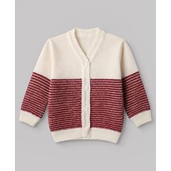 Babyhug Knit Full Sleeves Color Block Design Sweater Set with Cap & Booties - Maroon