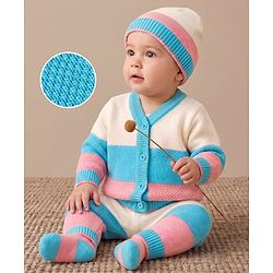 Babyhug Knit Full Sleeves Color Block Sweater Set With Cap & Booties -  White & Blue