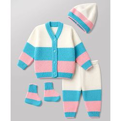 Babyhug Knit Full Sleeves Color Block Sweater Set With Cap & Booties -  White & Blue
