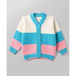 Babyhug Knit Full Sleeves Color Block Sweater Set With Cap & Booties -  White & Blue