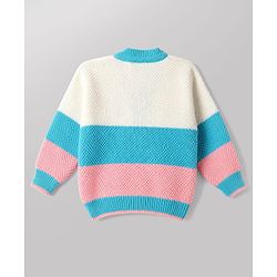 Babyhug Knit Full Sleeves Color Block Sweater Set With Cap & Booties -  White & Blue